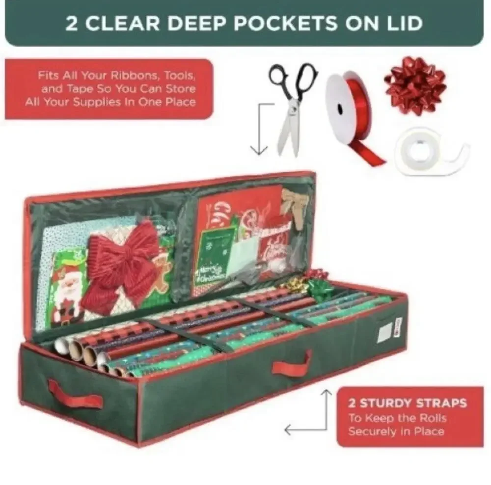 HOLDN' STORAGE Premium Wrapping Paper Storage Container - Green/Red Trim